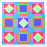 Victor Vasarely (1908-1997): Geometrikus kompozíció. Szitanyomat, papír, jelzés nélkül, 51x51 cm