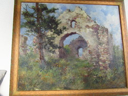 Mészáros Jenő (1883 - ) "Tájkép romos épülettel" olaj-vászon, 58 x 68 cm.