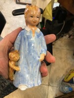Régi pizsamás kislány medvével kerámia figura 17 cm-es.6352