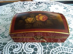 Old wooden jewelry box in a metal frame, with a hand-painted flower pattern on top!