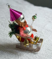 Retro tapestry? Christmas tree decoration - Santa's glitter paper sleigh, bell 10cm