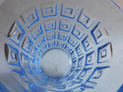Vintage blue glass ice bucket with metal handle, geometric pattern
