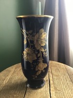 Régi KAISER kobalt porcelán váza arany virág díszítéssel