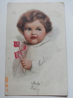 Régi, antik grafikus üdvözlő képeslap - művészrajz - "Baby" - kislány virággal