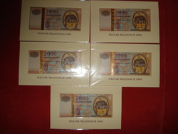 Millennium arany fémszálas 2000 Ft 5 darab, ALACSONY egymást követő sorszámúak.