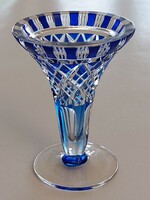Régi ólomkristály talpas kék kis váza kristály gyertyatartó 12.5 cm