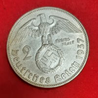 Horogkeresztes ezüst birodalmi 2 Márka 1937. D (2)