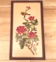 Gobelin rózsák madárral,  üvegezve, fa keretben, 58,5! x 32,5 cm