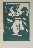 Tichy Gyula - Nőalak 21 x 14 cm színes linó
