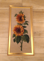 Gobelin napraforgók, aranyozott fa keretben, 58,5! x 29,5 cm