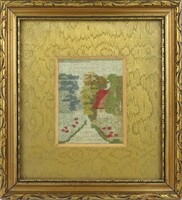 1Q713 old framed landscape needle tapestry 20 x 18 cm