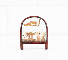 Handmade Chinese cork landscape - miniature carving, patience glass - cranes next to pavilion