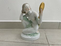 Herendi tükrös akt tükörbe néző nő szobor figura porcelán 25cm