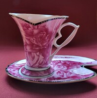 Japán Yakimono Dragon porcelán kávés teás reggeliző csésze csészealj kistányér rózsa mintával