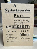 Nyilaskeresztes Párt röplap, plakát, 1939, Budapest, Tattersall