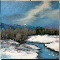 Winter riverside - acrylic painting - 40 x 40 cm