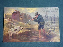 Postcard, g.Graf graphics, pig hunting, hunter, 1915