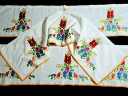3 pcs embroidered drapery with Kalocsa pattern, stained glass curtain 95 x 23 cm