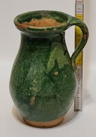 Folk ceramic milk jug with light green glaze spots and dark green glaze (2978)