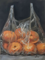 Antyipina Galina: Narancsok zacskóban, olajfestmény, vászon. 40x30cm