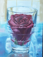 Antyipina Galina: Törött rózsa virág pohárban, olajfestmény, vászon, festőkés. 40x30cm