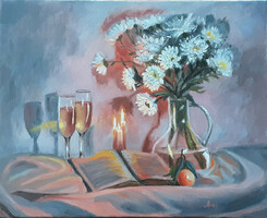 Antiipina galina: chrysanthemums with candles, oil painting, canvas, 40x50cm