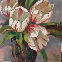 Galina Antiipina: white tulips, oil painting, canvas, painter's knife, 40x40cm