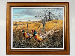 Dabronak pheasants on the hillside, framed in oil on canvas, 62x52cm