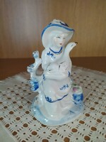 Retró Német porcelán figura lány libával
