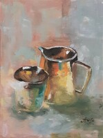 Galina Antiipina: two cups, oil painting, canvas, painter's knife. 40X30cm