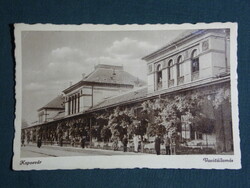 Postcard, Kaposvár, railway station, platform, railway restaurant detail, 1945