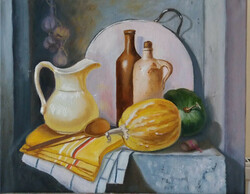 Antiipina galina: still life with melons and jugs, oil painting, canvas, 40x50cm