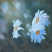 Antyipina Galina: Kamilla virágok esőben, olajfestmény, vászon, 50x50cm