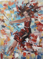 Antyipina Galina: Hintázó lány, olajfestmény, vászon, festőkés. 40x30cm