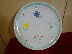 Magyar mázas kerámia, virágmintás, kerek tál, kézzel festett, átmérője 27 cm. Jókai.