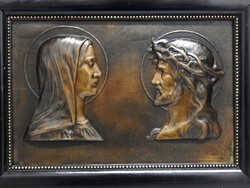 Mária Magdolna és Jézus bronz dombormű a XX. szd. első feléből keretben, kitűnő állapotban