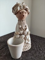 Retro applied art ceramic girl with a flower stand with a richly detailed floral no.I mark.