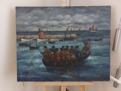 (K) painting by József Haranglábí Nemes Crowded Boat at Sea 80x65 cm