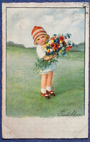 Old ebner graphic greeting card - little girl with a bouquet of spring flowers
