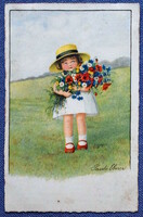 Régi  Ebner grafikus  üdvözlő  képeslap - kisleány tavaszi virágcsokorral