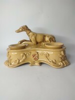 Antique Austrian anton tschinkel canine hard ceramic inkstand with crest calamari