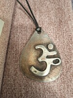 Om sign, vintage kiss gallery pendant on leather strap 6.5x5 cm