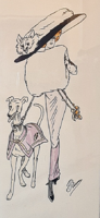 "Kalapos hölgy kutyával" - antik art deco akvarell/grafika