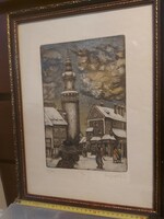 Sopron, fire tower etching, in frame ready for wall
