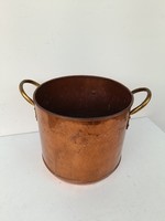 Antique kitchen tool large red copper pot with brass handle 920 8615