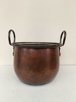 Antique kitchen tool two-handled tinned red copper vessel pot 619 8595
