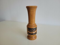Régi retro Balatoni emlék mid century szuvenír réz díszítétes fa váza Balaton térkép