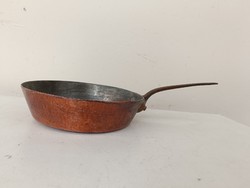 Antique tinned kitchen tool, red copper pan, thick handle, leg with iron ear 631 8608