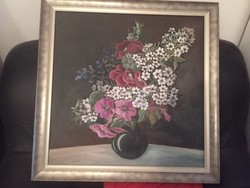 Virágcsendélet - csodás festmény, modern keretben, jelzés nélküli olaj-vászon