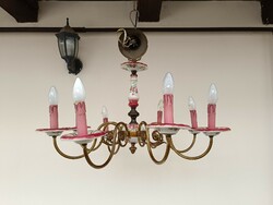 Antik csillár 8 karú rózsa motívum porcelán betétes flamand eredeti gyertyákkal + 8 új izzó 886 8562